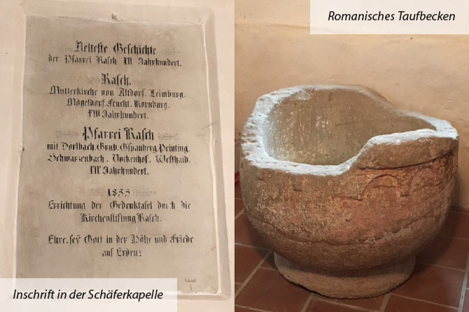 Inschrift in der Schäferkapelle un ein romanisches Taufbecken