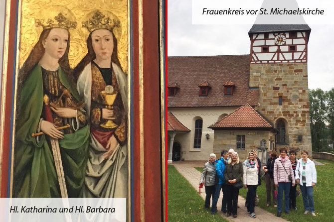 Altarbild der Heiligen Katharina und Barbara sowie ein Gruppenbild vor der Kirche